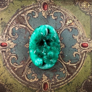 25x18mm Japan Pierced Peking Jade Green Matrix Oval Flat Back Pressed Glass Gem Jewel Green Emerald Cabochon - 1pc