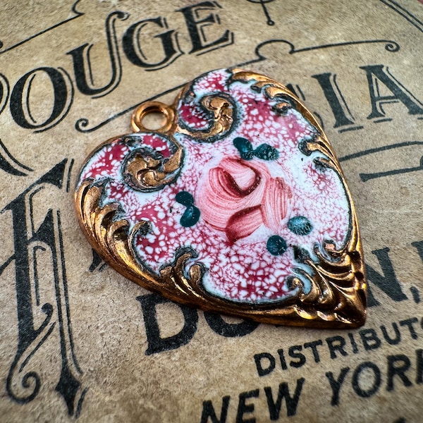 RARE Vintage Rose Enamel Heart Pendant Charm, Hand Painted Japan Gold Pink Floral Enamel Heart Pendant, Victorian enamel pendant - 1pc