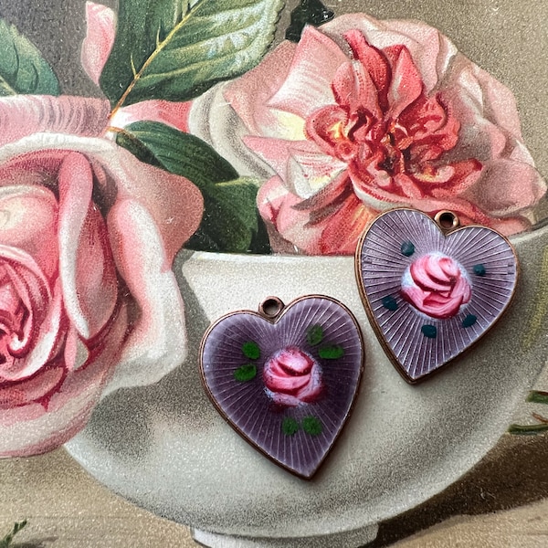 Vintage Guilloche Enamel Heart Charm Pendant Dusty Purple Heart Pendant, Victorian Enamel Pendant - Sarah Coventry NOS - 1pc