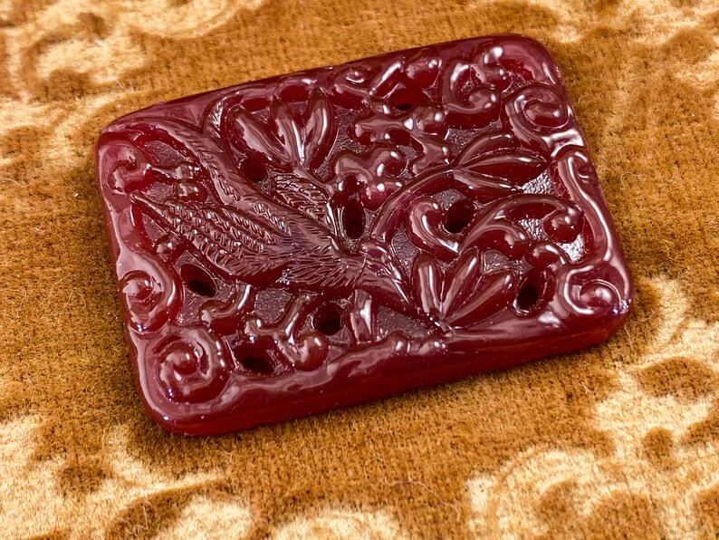Vintage Bird Peking Glass Cabochon 33x24mm Floral Pierced Embossed Flat Back 2pcs Carnelian Large Glass High Quality Japan Glass Jewel