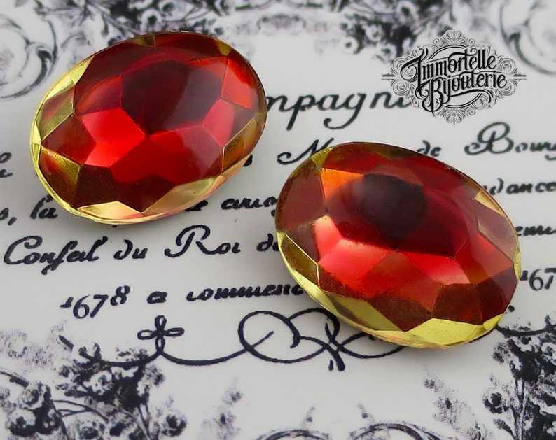 Vintage 18x13mm Oval Givre Ruby Red Jonquil Creol Glass Two Tone Cabochon Gem Jewel Stone Rhinestone High Quality West German 2 pcs image 1