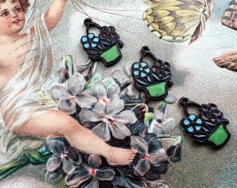 Vintage Enamel Charms, Gardening Charms,  Flower Charms, Japan Charms, Enamel Charms, Hand Painted Charms, Victorian Charms - 4 pcs
