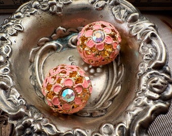 Vintage 15mm Filigree Bead Austrian Rose Peach Pink Floral Rhinestone Enamel Bead Balls Crystal AB - Metal Beads - VERY Limited! - 2pcs