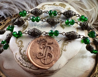 Filigree Emerald Rosary Chain Glass Beaded Fancy Filigree Green 8mm & 6mm - Immmortelle Exclusive - Aged Relic Patina - 12 inches or 1 Foot
