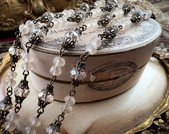 Custom Cream Silk White AB Rosary Chain Glass Beaded Fancy Filigree Matte Glass 8mm and 6mm - Aged Relic Patina - 12 inches or 1 Foot