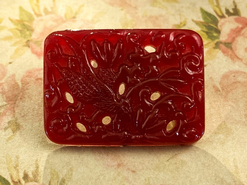 Vintage Bird Peking Glass Cabochon 33x24mm Floral Pierced Embossed Flat Back 2pcs Carnelian Large Glass High Quality Japan Glass Jewel