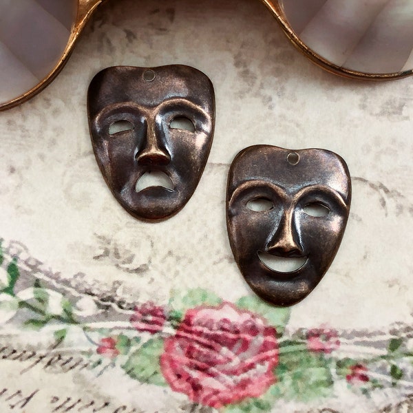 Greek Tragedy & Comedy Masks Victorian Stamping Theatrical Baroque French Royal Muse - Relic Patina - 24x19mm Sock and Buskin - 4pcs