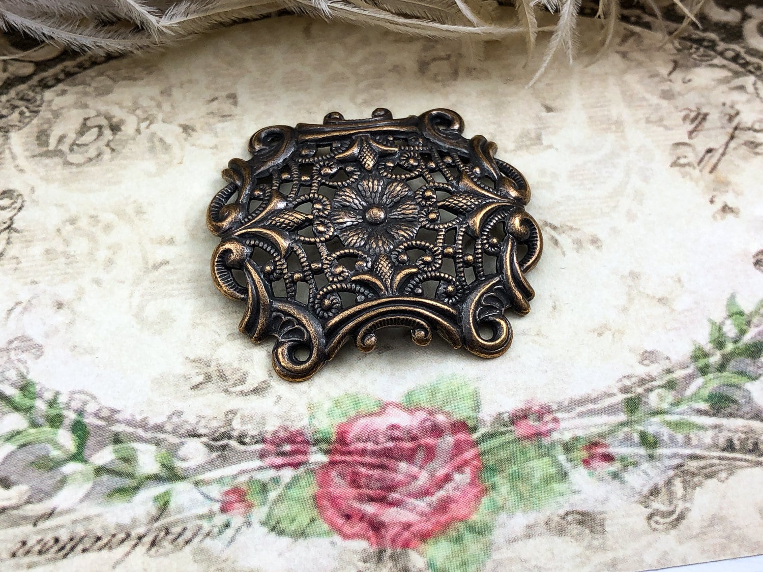1pc High Quality Elegant Victorian Filigree Scrollwork German Stamping Brass Filigree Relic Patina High Relief Dapped