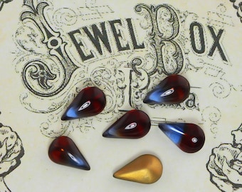 Vintage 13x8mm Pear Teardrop Ruby Red Sapphire Blue Cuba Givre Glass Rhinestone Jewel Stone Gem - High Quality West German - 6 pc
