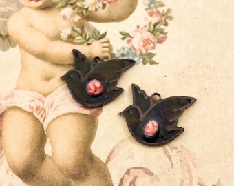 Small Vintage Enamel Bird Charms, Dove Charms, Guilloche charms, Black enamel charms, hand painted rose, Victorian Charms 19mm - 4pcs