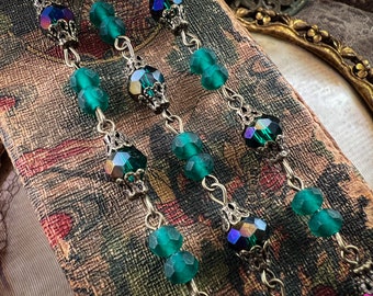 Custom Emerald Rosary Chain Glass Beaded Fancy Filigree Emerald AB 8mm and 6mm - Aged Relic Patina - 12 inches or 1 Foot