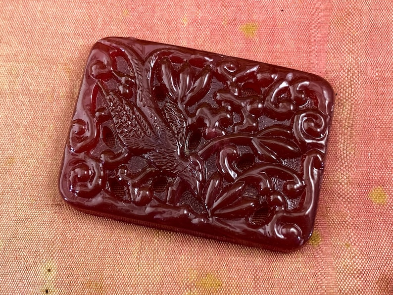 Vintage Bird Peking Glass Cabochon 33x24mm Floral Pierced Embossed Flat Back 2pcs Carnelian Large Glass High Quality Japan Glass Jewel