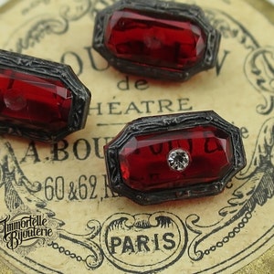 Antique Victorian Era 13x8mm Octagon Rhinestone Rare Ruby Red Art Deco Glass Baguette - Jewel Stone Gem - High Quality - 2pcs
