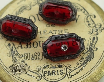 Antique Victorian Era 13x8mm Octagon Rhinestone Rare Ruby Red Art Deco Glass Baguette - Jewel Stone Gem - High Quality - 2pcs