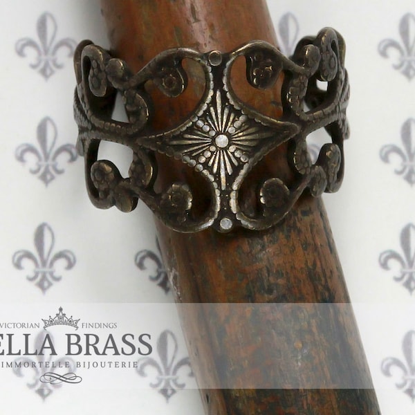 Ornate Vintage Victorian Brass Filigree Adjustable Ring Blank Distressed Antiqued - Relic Patina - High End Ring Bezel - Ring Design - 2pcs