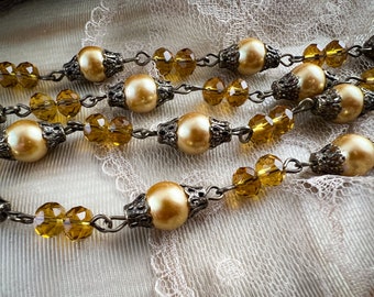 Collar de rosario de cristal y perla dorado personalizado con cadena de metraje de cuentas de vidrio de filigrana elegante de 8 mm y 6 mm - Pátina de reliquia envejecida - 12 pulgadas o 1 pie