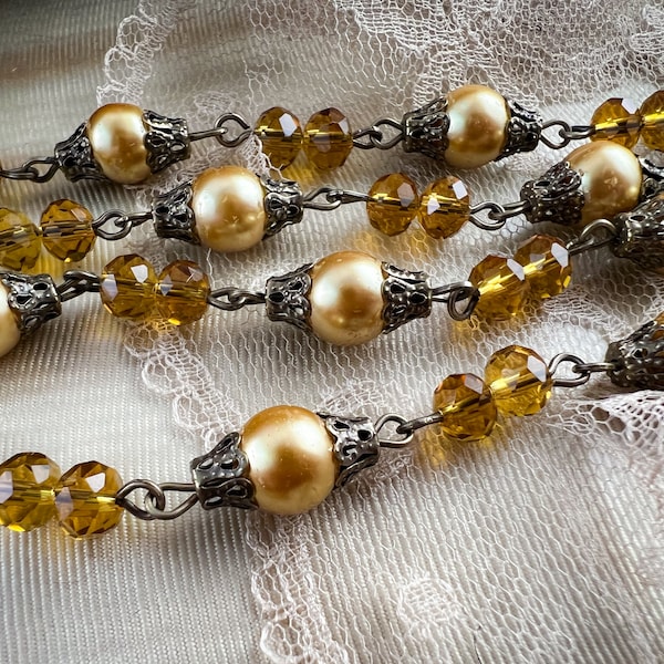 Custom Gold Pearl Crystal Rosary Necklace Chain Footage Glass Beaded Fancy Filigree 8mm and 6mm - Aged Relic Patina - 12 inches or 1 Foot
