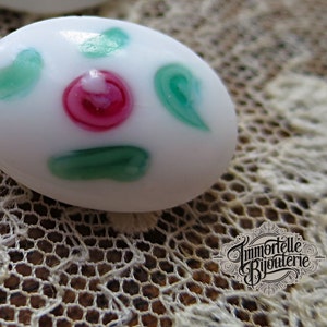 Vintage 18x13mm Oval Milk Glass Floral White Hand painted Japan Glass Floral Pointback Jewel Gem Stone Cabochon - High Quality Glass - 2 pcs