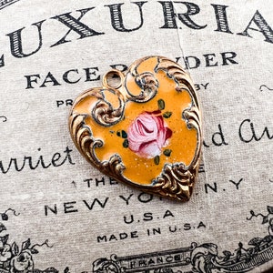 RARE Vintage Enamel Heart Pendant Charm, Hand Painted Japan Gold Topaz Floral Enamel Heart Pendant, Victorian enamel pendant - 1pc