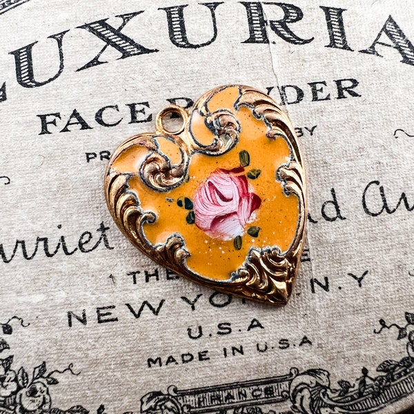 RARE Vintage Enamel Heart Pendant Charm, Hand Painted Japan Gold Topaz Floral Enamel Heart Pendant, Victorian enamel pendant - 1pc