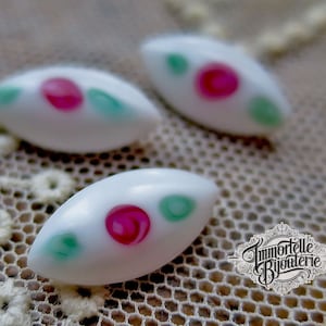 Vintage 15x7mm Navette Marquis White Chalk Milk Glass Hand Painted Floral Flower - Pink Red Floral 15x7 Navette with Green leaves - 4pcs
