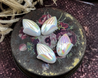 Vintage 13x8 Pear White AB Flower Bud Flatback Rhinestone Jewel - Rare Pressed Glass West German - 4 pcs