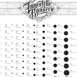 K&ouml;nnte beinhalten: Eine Tabelle mit dem Text "Immortelle Bijouterie" und einer Reihe schwarzer Kreise mit Gr&ouml;&szlig;enangaben in Millimetern. Die Tabelle ist f&uuml;r K&ouml;rperschmuck, mit Gr&ouml;&szlig;en von 0,8 mm bis 14,5 mm.