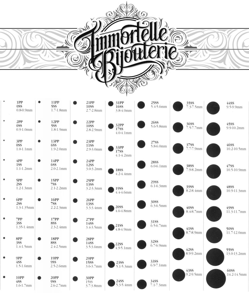 K&ouml;nnte beinhalten: Eine Tabelle mit dem Text "Immortelle Bijouterie" und einer Reihe schwarzer Kreise mit Gr&ouml;&szlig;enangaben in Millimetern. Die Tabelle ist f&uuml;r K&ouml;rperschmuck, mit Gr&ouml;&szlig;en von 0,8 mm bis 14,5 mm.