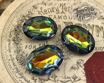 Vintage 18x13mm Oval Vitrail Rainbow Cabochon Rhinestone Stone Jewel Gem CAL Foiled Cushion Back Glass - Rare West German - 2 pcs