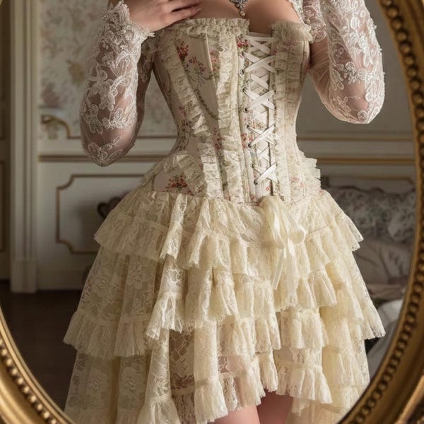 Sobrevestido corsé Anastasia – Vestido de corte francés de encaje rococó con pequeñas flores