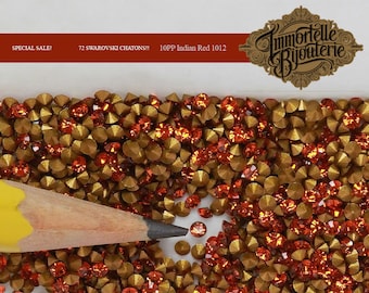 May include: A close-up image of 72 red and gold Swarovski chatons. The chatons are scattered on a white surface. The text "72 SWAROVSKI CHATONS!!" and "10PP Indian Red 1012" is visible in the image.