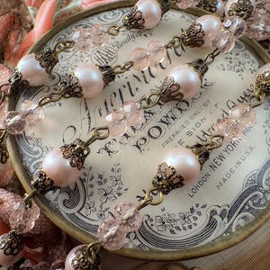 Custom Pink Pearl Crystal Rosary Necklace Chain Footage Glass Beaded Fancy Filigree 8mm and 6mm - Aged Relic Patina - 12 inches or 1 Foot