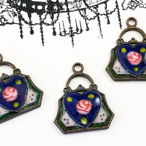 Vintage enamel charms, Purse Charms, Fashion Charms, Guilloche charms, enamel charms, hand painted rose, Victorian pendant - 2pcs