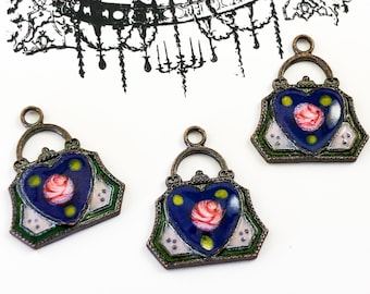 Vintage enamel charms, Purse Charms, Fashion Charms, Guilloche charms, enamel charms, hand painted rose, Victorian pendant - 2pcs