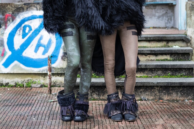 Pirate festival clothing UADJET LEGGINGS Alternative Handmade Leggings. Brown Version Reptile print leggings with net details