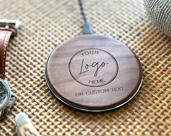 Company Christmas Gifts Logo Branded Wireless Phone Charger. Custom Engraved iPhone Charging Station. Promotional Gift for Business Office
