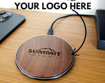 Corporate Wireless Charger For Company Christmas. Engraved iPhone Charging Station. Unique Branded Company Gifts