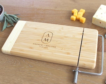 Personalized Cheese Slicer Board With Monogram and Custom Names For Couples' Christmas Gifts or Wedding Anniversary