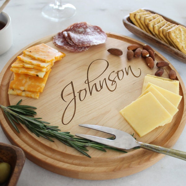 Personalized Charcuterie Board, Custom Engraved Cheese Tray, Round Wooden Handmade Cutting Board | Monogrammed Wedding Gift For Couples