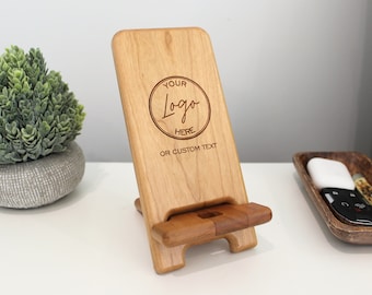 Personalized Phone Stand, Custom Engraved Charging Station, Unique Handmade iPhone or iPad holder. Logo Gift for Office or Grads.