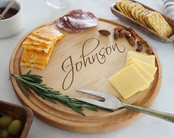 Personalized Charcuterie Board, Custom Engraved Cheese Tray, Round Wooden Handmade Cutting Board | Monogrammed Wedding Gift For Couples