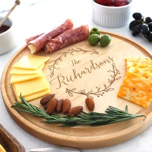 Personalized Charcuterie Board, Custom Engraved Cheese Tray, Round Wooden Handmade Cutting Board Monogrammed Wedding Gift For Couples