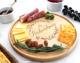 Personalized Cutting Board, Custom Round Engraved Cheese Tray, Round Wooden Handmade Charcuterie Board Monogrammed Wedding Gift For Couples