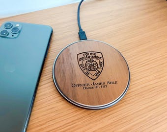 NYPD Wireless Phone Charger. Personalized Custom Engraved iPhone Charging Station. Unique Gift for Police Officer and Law Enforcement