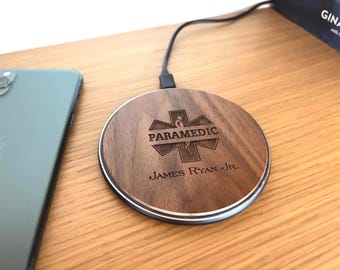 Personalized Paramedic Wireless Phone Charger. Custom Engraved EMT Appreciation Gift Charging Station. Unique Wooden Monogrammed Gift
