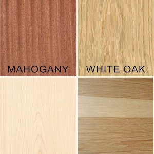 May include: Four wood samples, each showing the grain pattern of a different type of wood. The samples are labeled "Mahogany", "White Oak", "Maple", and "Hickory".