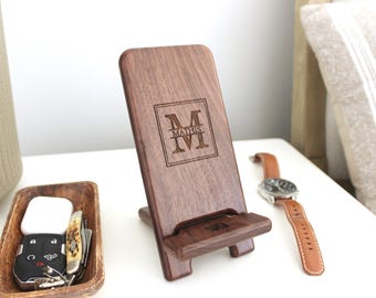 Personalized Phone Stand, Custom Engraved Charging Station, Unique Handmade iPhone or iPad holder. Monogrammed Gift for Office or Work