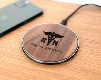 Personalized Wireless Phone Charger. Custom Engraved iPhone Charging Station. Unique Monogrammed Gift for RN Nurse or Medical Professional