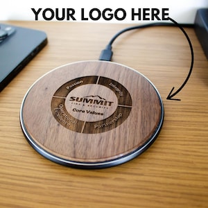 Logo Branded Wireless Phone Charger. Custom Engraved iPhone Charging Station. Unique Wooden Branded Company Business Gifts Corporate Gifting