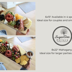 May include: Two wooden serving boards with various charcuterie items, including cheese, crackers, fruit, and meat. The smaller board is 6x15 inches and the larger board is 8x22 inches. The boards are made by Sugar Tree Gallery, Handmade in Kentucky.